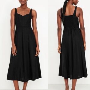Old Navy Linen Midi Dress Black Medium Fit and Flare Notched Neck Sweetheart